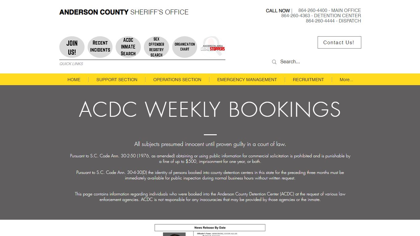 ACDC WEEKLY BOOKINGS - Anderson County Sheriff's Office